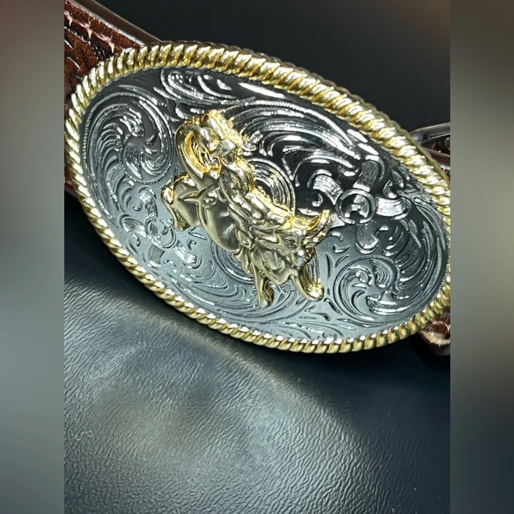 3D Brand 1.25″ Brown Kids’ Western Genuine Leather Belt Bullrider Buckle GUC